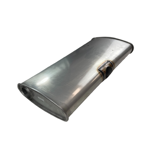 Centre Inlet Muffler  2.25" 12" x 4" , Twin Outlet  24" Long, 409 Stainless Steel, East-West Muffler